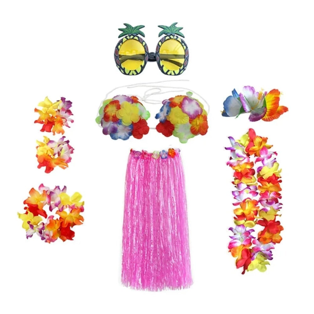 Halloween Grass Skirt Costume Two Piece Set with Hula Outfit Accessories and Lei - Image 7