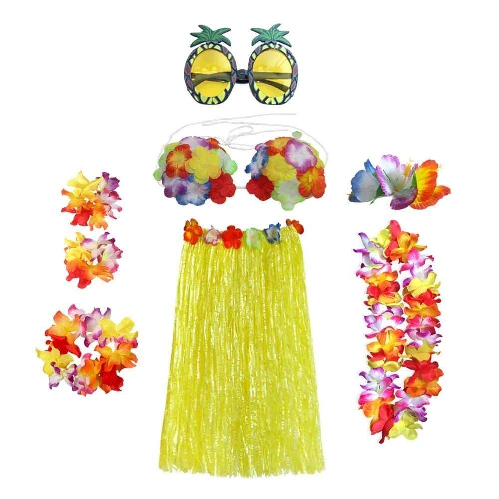Halloween Grass Skirt Costume Two Piece Set with Hula Outfit Accessories and Lei - Image 9