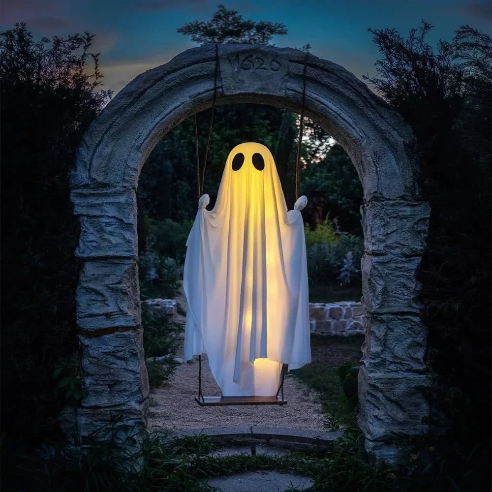 Halloween Hanging Ghost Decoration with LED Light Up Swing and Remote Control for Outdoor Yard Party - Image 1