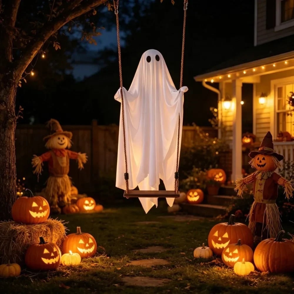 Halloween Hanging Ghost Decoration with LED Light Up Swing and Remote Control for Outdoor Yard Party - Image 3