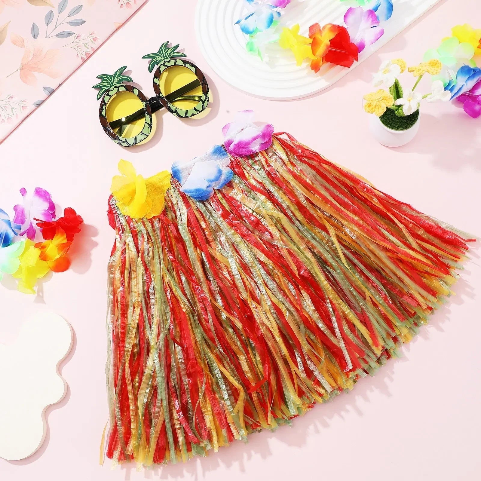 Halloween Hula Skirt Set with Pineapple Sunglasses and Flower Leis Hawaiian Party Costume - Image 3