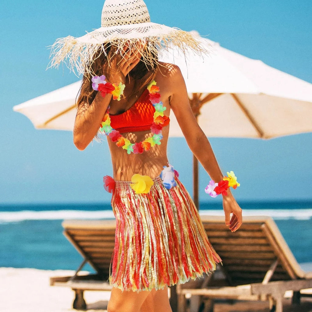Halloween Hula Skirt Set with Pineapple Sunglasses and Flower Leis Hawaiian Party Costume - Image 4