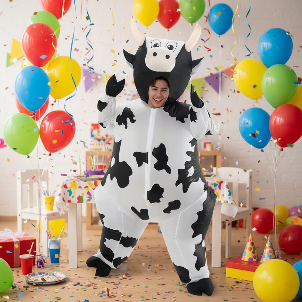 Halloween Inflatable Cow Costume with Built-In Fan and Hoof Covers Funny Animal Suit - Image 1
