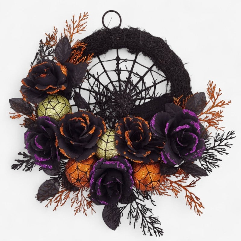 Halloween Jack O Lantern Wreath with Spiderweb Black Roses and Glitter for Party Decorations - Image 1