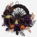 Halloween Jack O Lantern Wreath with Spiderweb Black Roses and Glitter for Party Decorations - Image 1