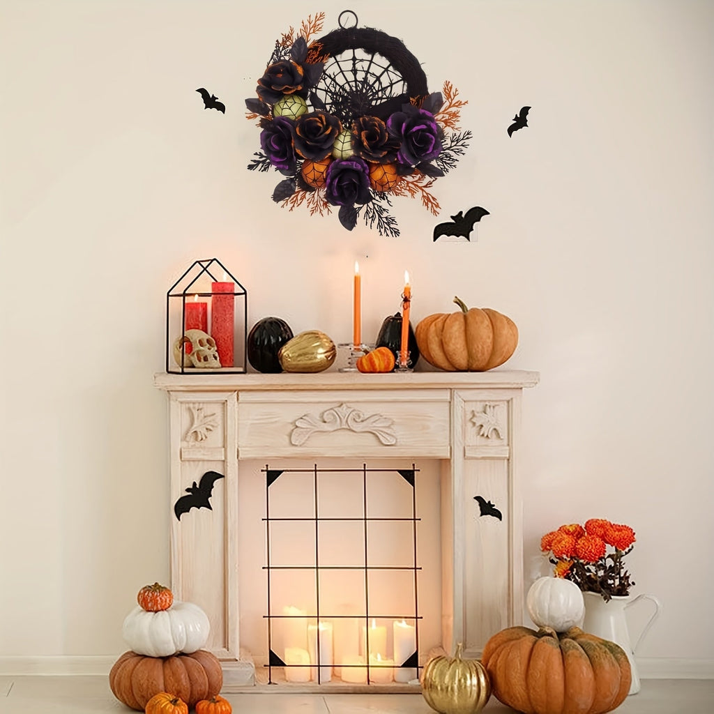 Halloween Jack O Lantern Wreath with Spiderweb Black Roses and Glitter for Party Decorations - Image 2