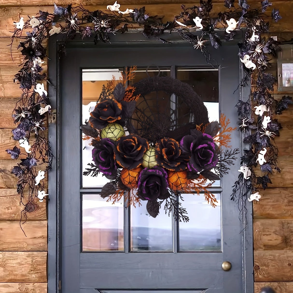 Halloween Jack O Lantern Wreath with Spiderweb Black Roses and Glitter for Party Decorations - Image 3