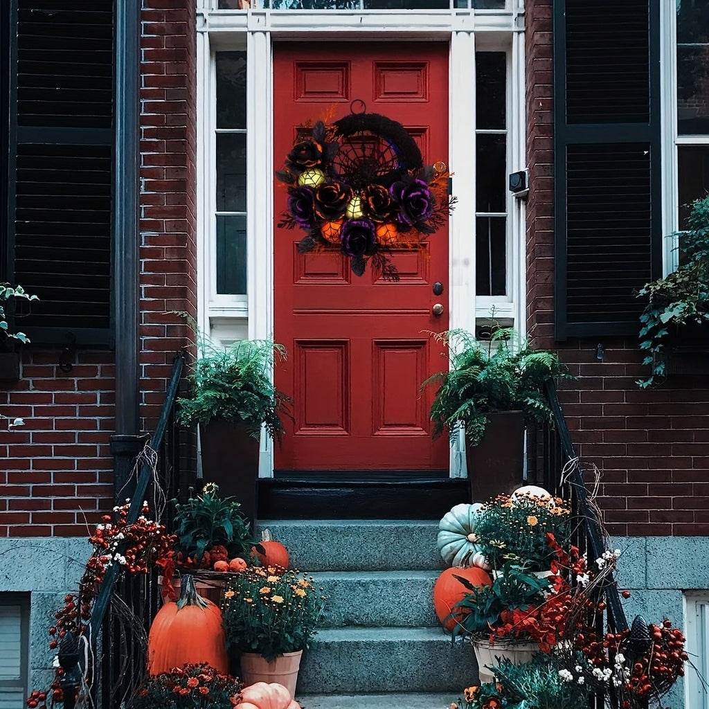 Halloween Jack O Lantern Wreath with Spiderweb Black Roses and Glitter for Party Decorations - Image 4