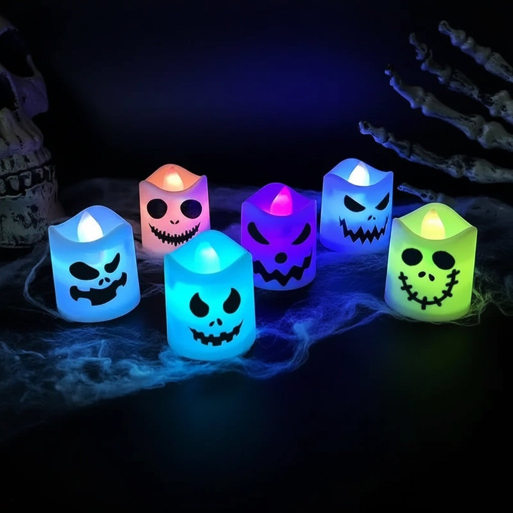Halloween LED Tea Lights Outdoor Battery Operated Color Changing Spooky Faces - Image 1