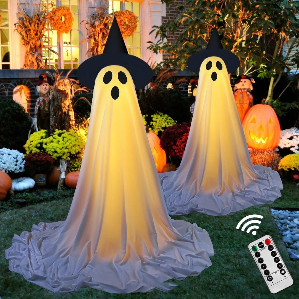 Halloween Lights Outdoor Ghost Decor with LED Up Witch Hat Figures and Remote Control - Image 1