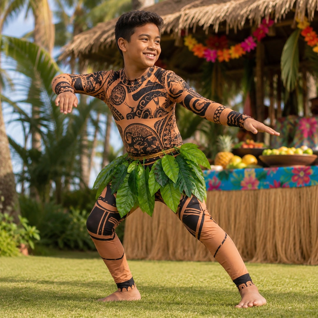 Halloween Maui Costume with Tattoo Print Bodysuit Green Leaf Skirt and Braided Belt - Image 1