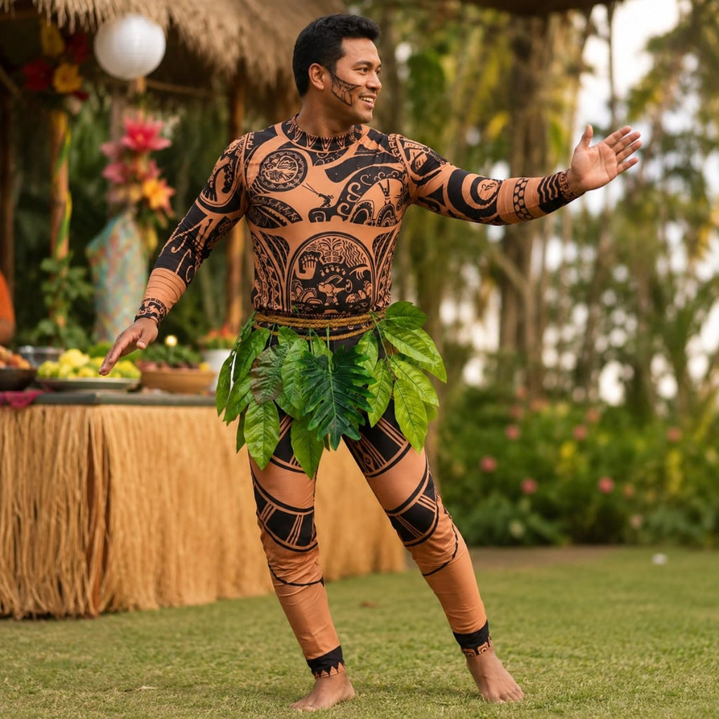 Halloween Maui Costume with Tattoo Print Bodysuit Green Leaf Skirt and Braided Belt - Image 2