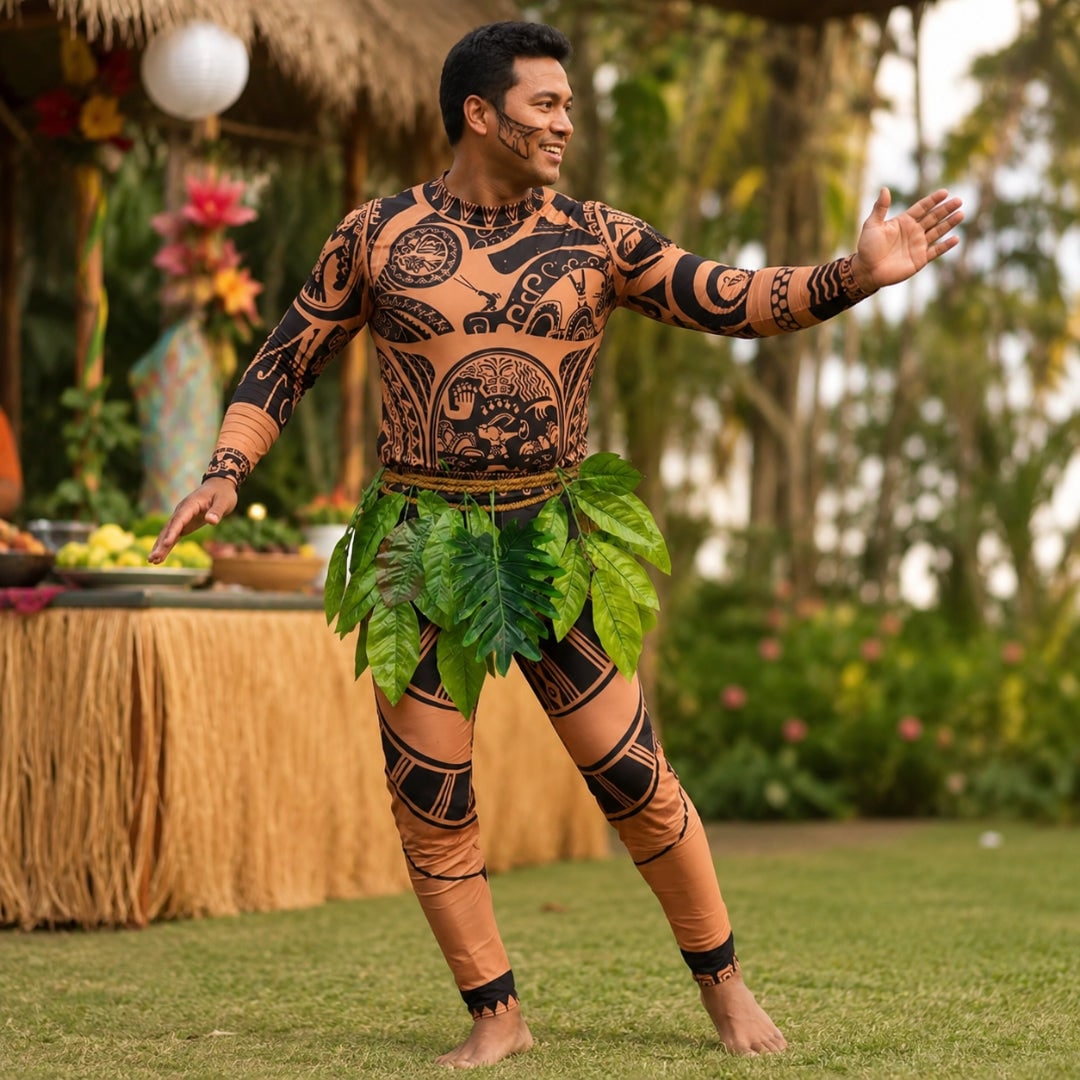 Halloween Maui Costume with Tattoo Print Bodysuit Green Leaf Skirt and Braided Belt - Image 2