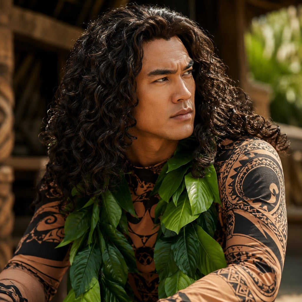 Halloween Maui Costume with Tattoo Print Bodysuit Green Leaf Skirt and Braided Belt - Image 3