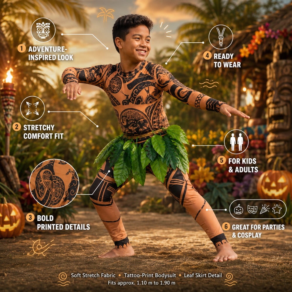 Halloween Maui Costume with Tattoo Print Bodysuit Green Leaf Skirt and Braided Belt - Image 4