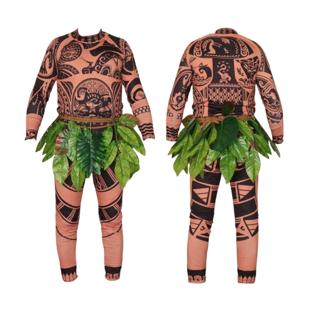 Halloween Maui Costume with Tattoo Print Bodysuit Green Leaf Skirt and Braided Belt - Image 5