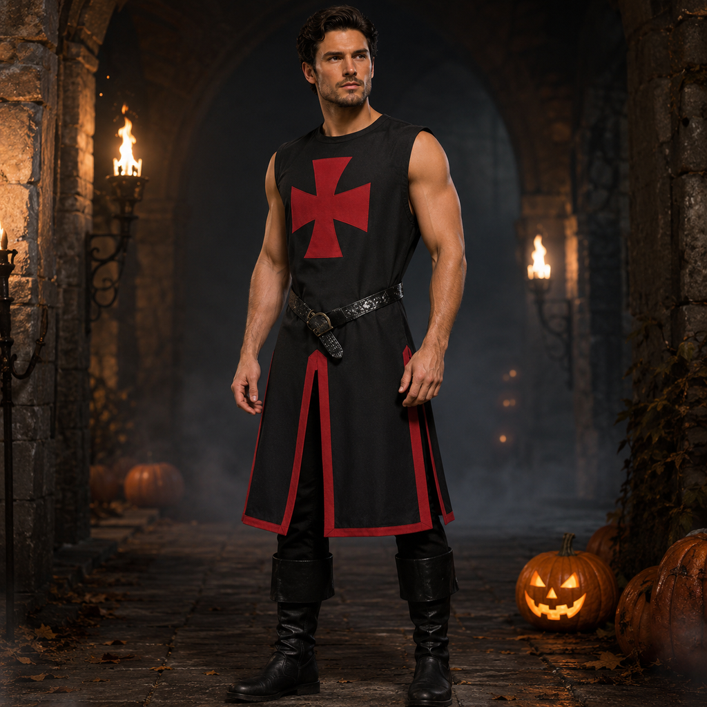 Halloween Medieval Knight Costume Crusader Tunic with Cross Pattée and Split Hem Outfit - Image 2