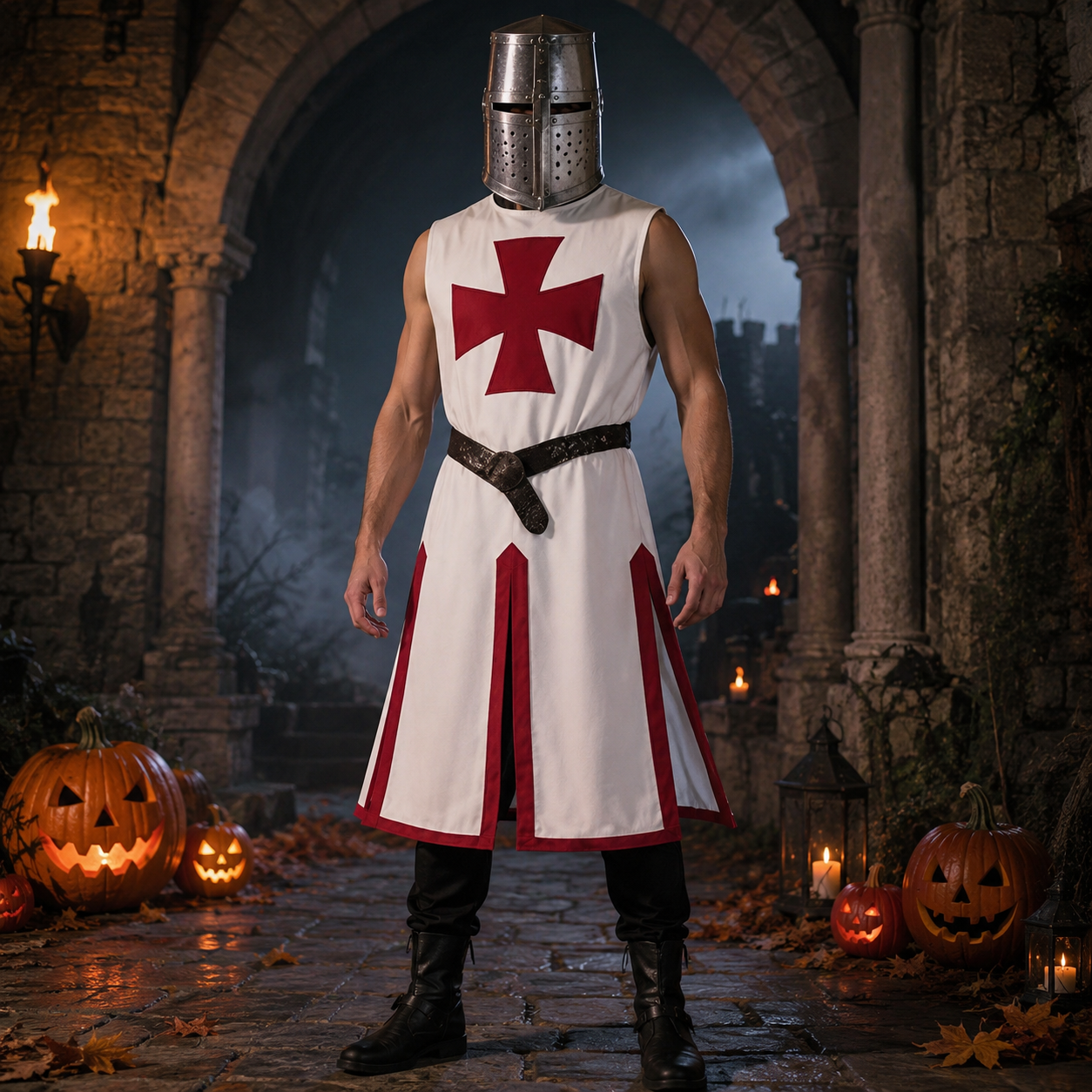 Halloween Medieval Knight Costume Crusader Tunic with Cross Pattée and Split Hem Outfit - Image 3