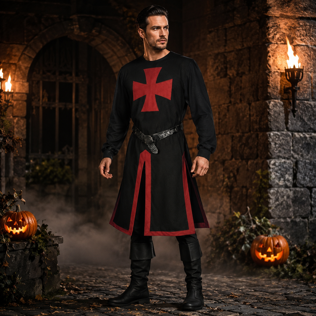 Halloween Medieval Knight Costume Crusader Tunic with Cross Pattée and Split Hem Outfit - Image 5