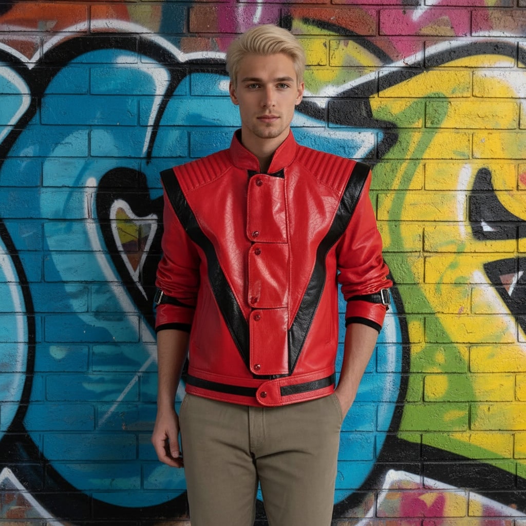 Halloween Mj Thriller Jacket Costume with Red Faux Leather and Black Stripes for Cosplay Party - Image 1