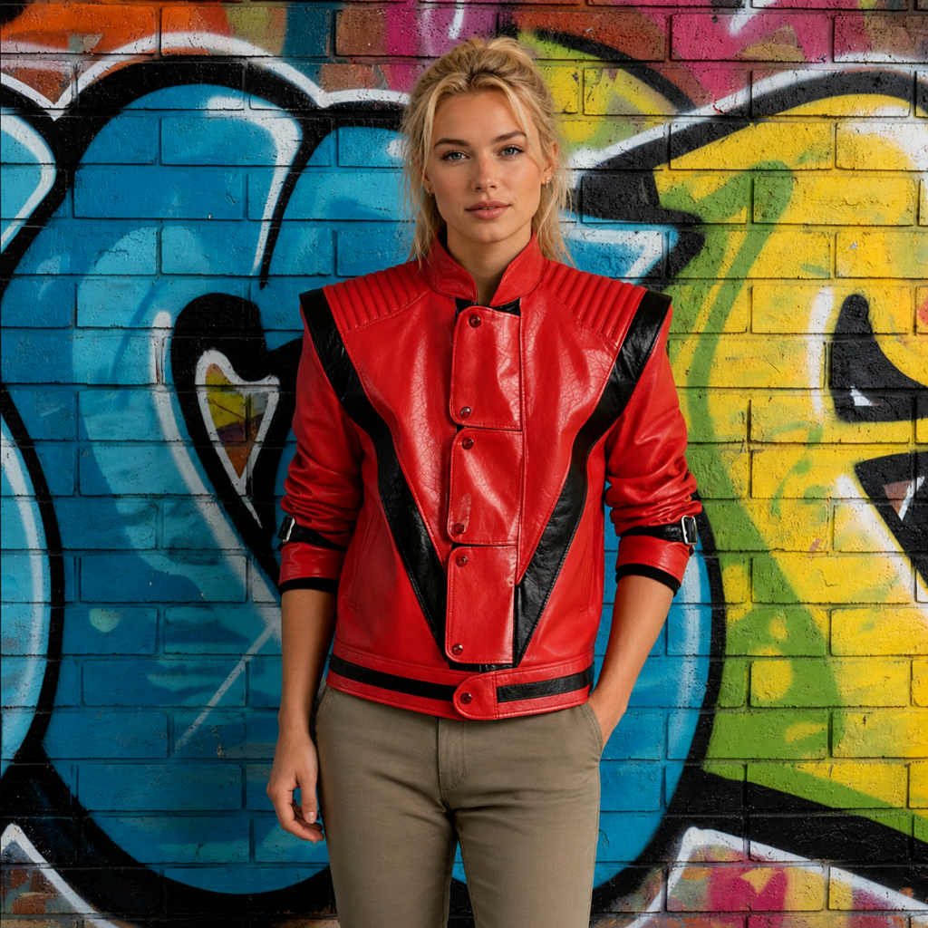 Halloween Mj Thriller Jacket Costume with Red Faux Leather and Black Stripes for Cosplay Party - Image 2