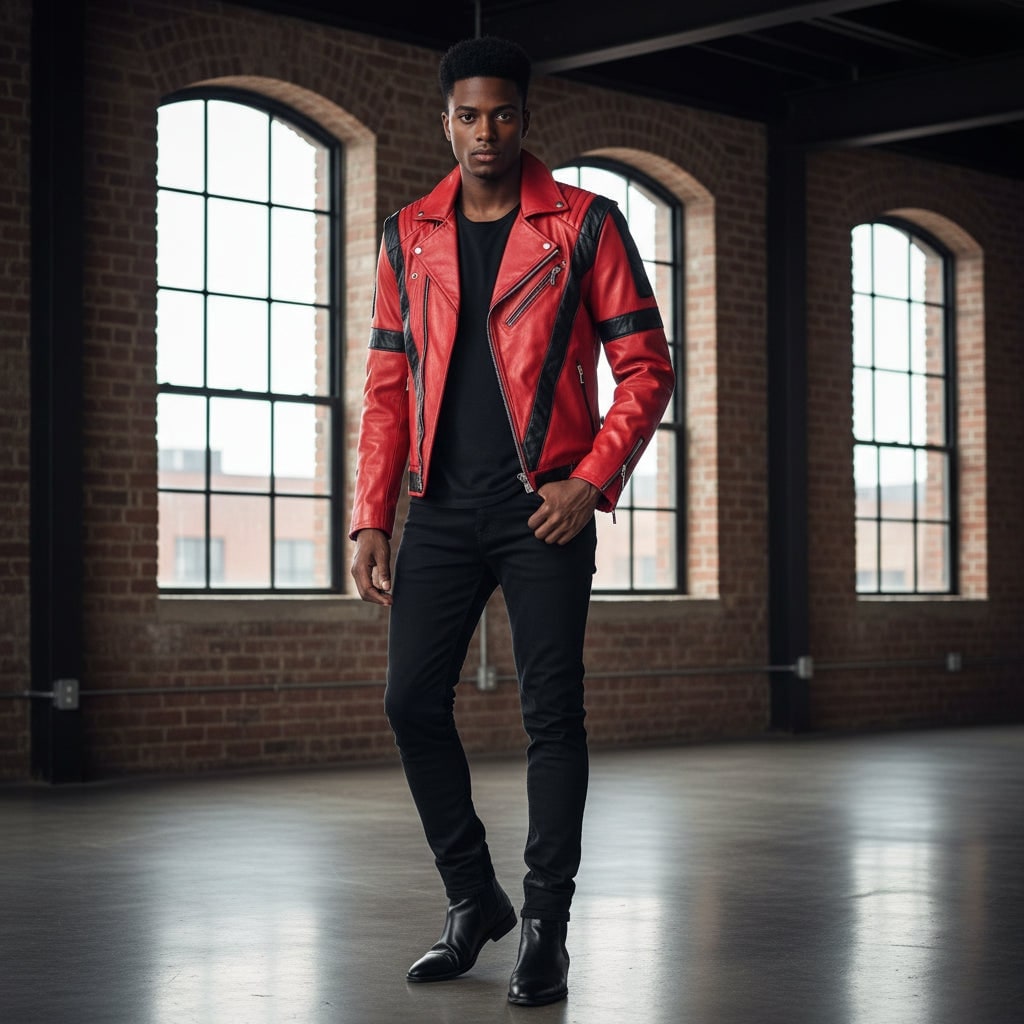 Halloween Mj Thriller Jacket Costume with Red Faux Leather and Black Stripes for Cosplay Party - Image 3