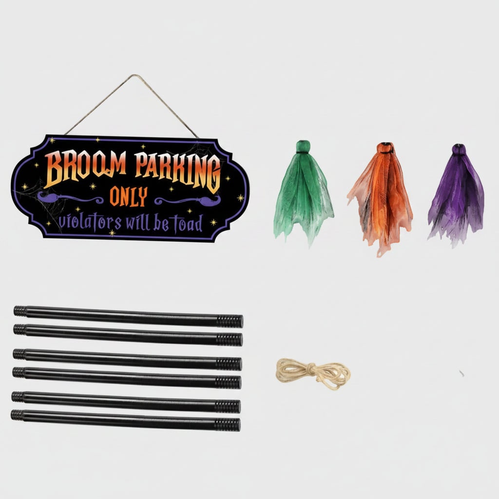 Halloween No Parking Anytime Sign with Decorative Broom and Tulle for Outdoor Yard Decoration - Image 1