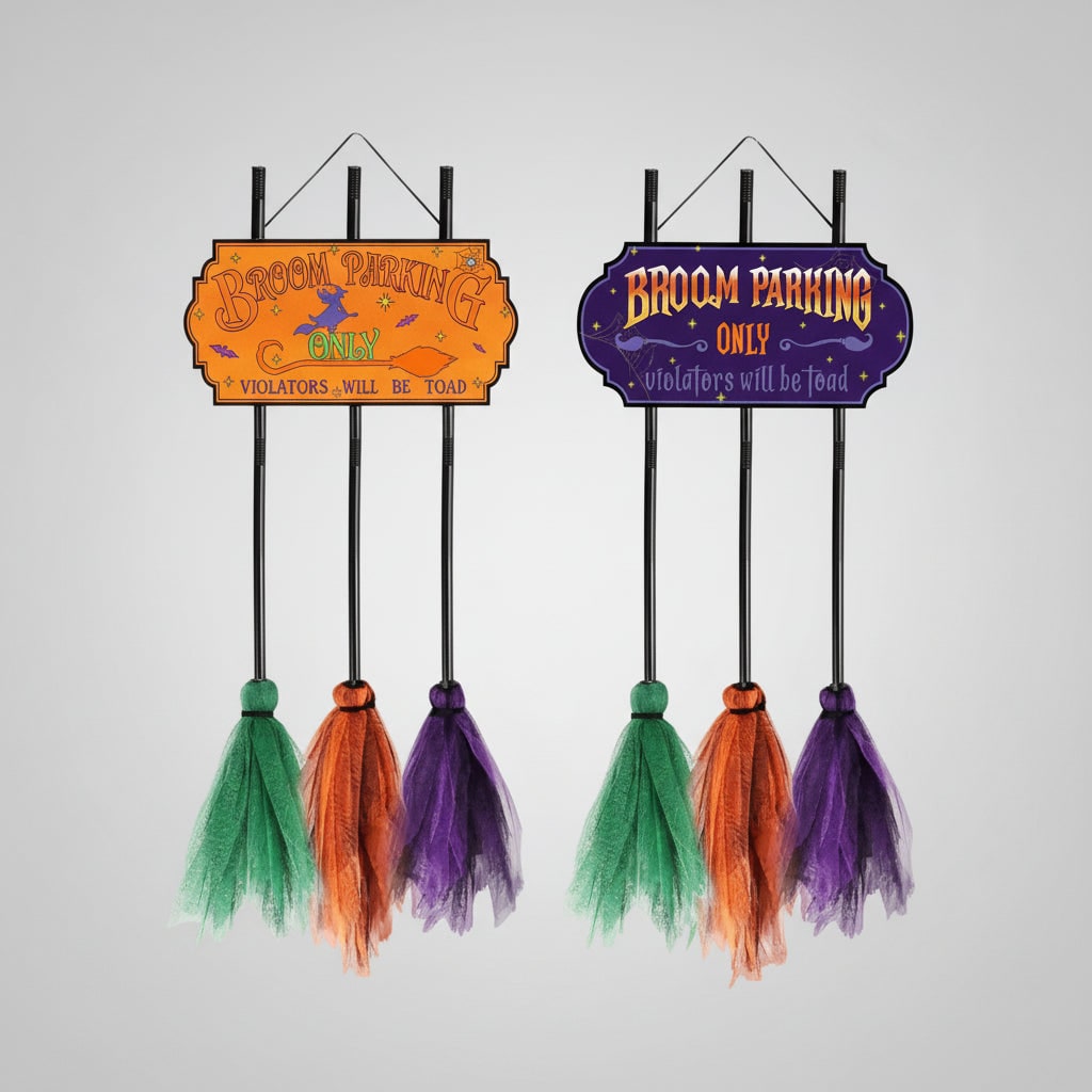 Halloween No Parking Anytime Sign with Decorative Broom and Tulle for Outdoor Yard Decoration - Image 2
