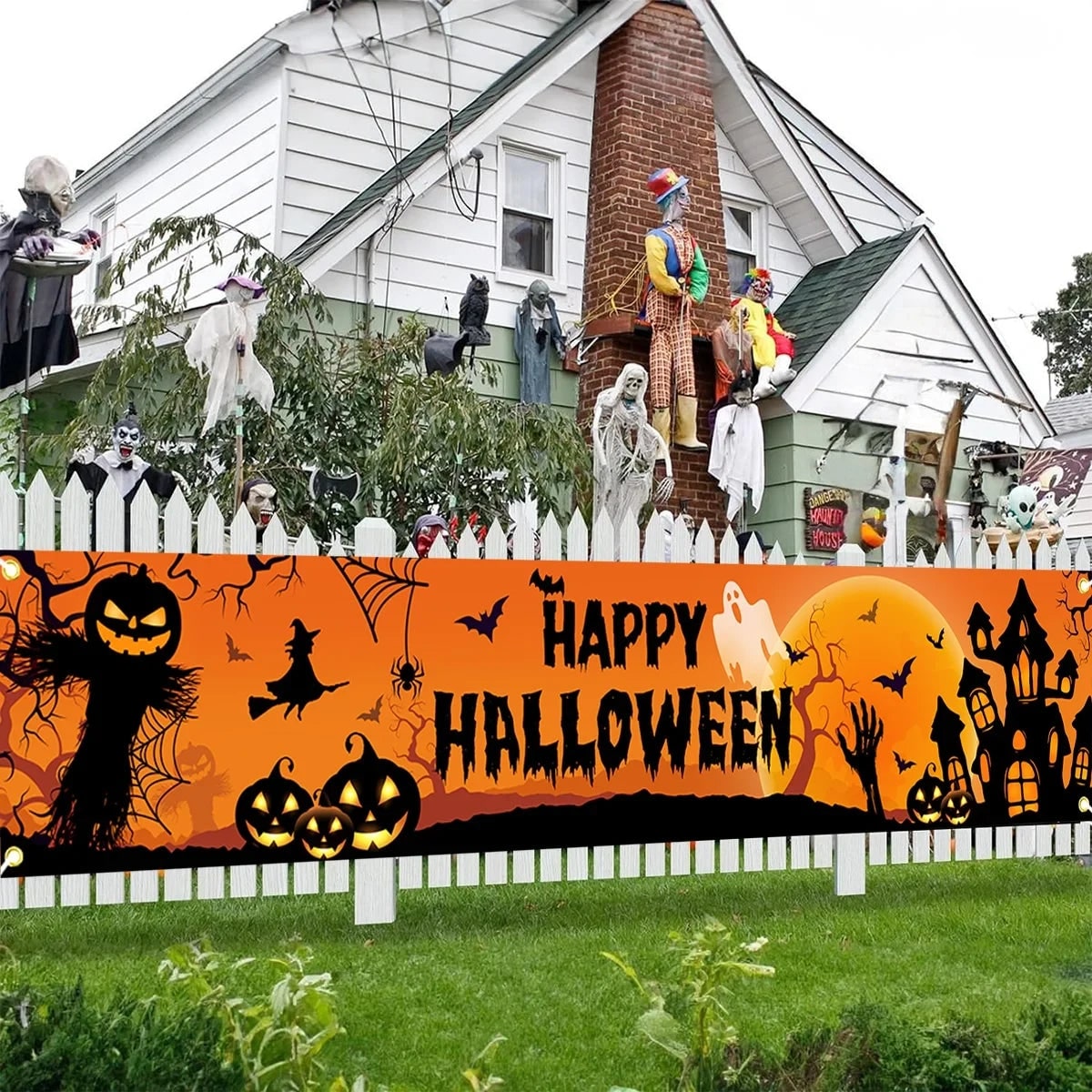 Halloween Outdoor Banner with Jack O Lantern and Haunted House for Yard Decoration - Image 1