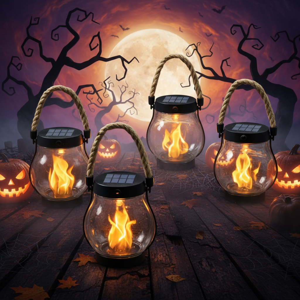 Halloween Outdoor Solar Flame Hanging Lantern with LED Flickering Effect and Usb-C Charging - Image 1