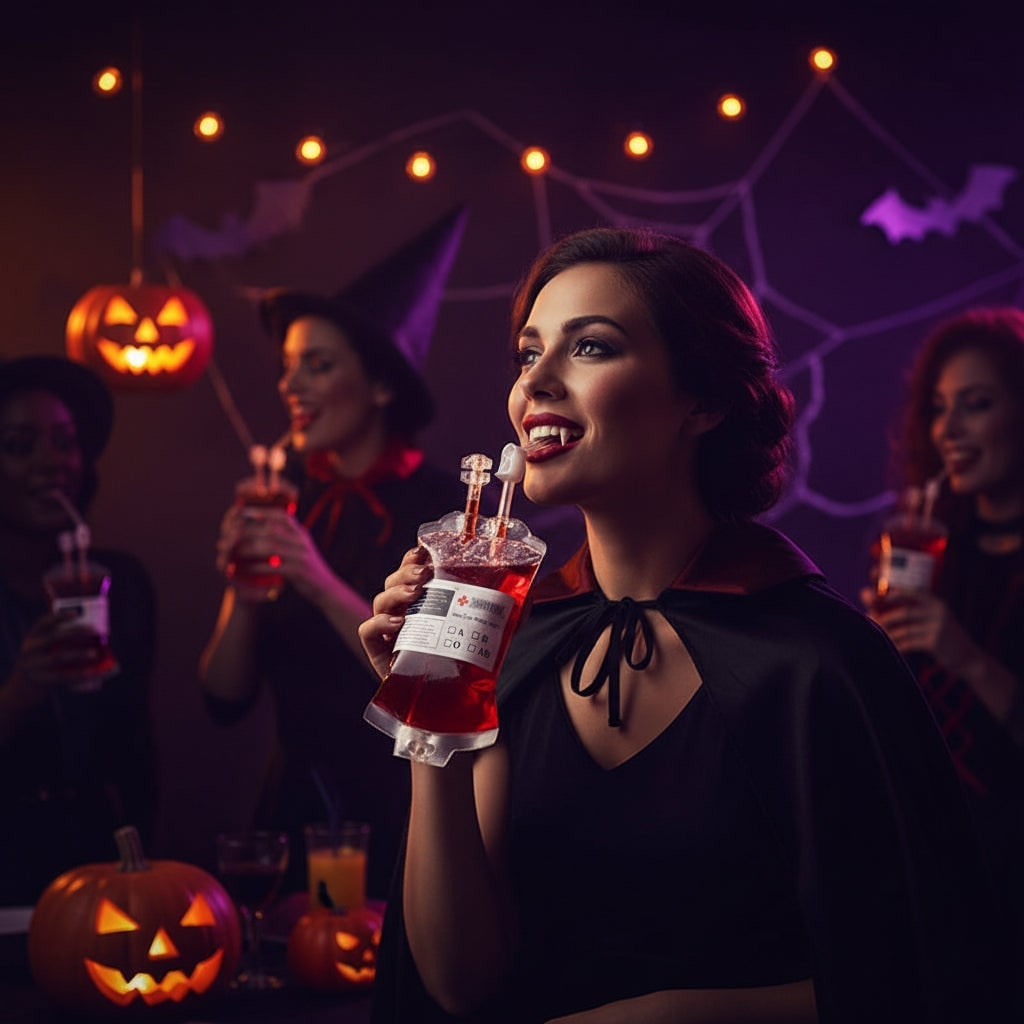 Halloween Party Cups Blood Bag Design with Iv Tubing and Syringe for Spooky Vampire Themed Parties - Image 1