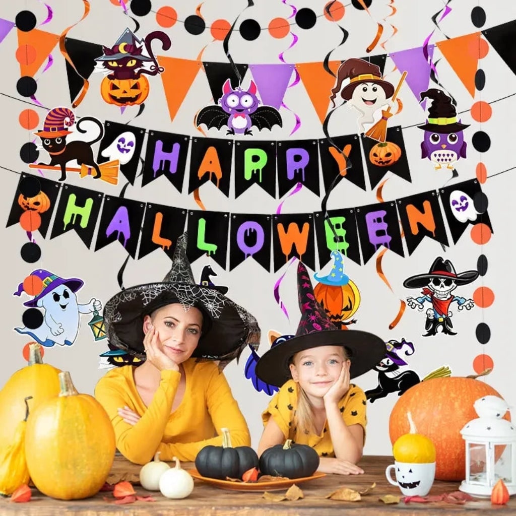 Halloween Party Decorations and Outdoor Set with Banner Garland and Hanging Swirls for Wall Decor - Image 1