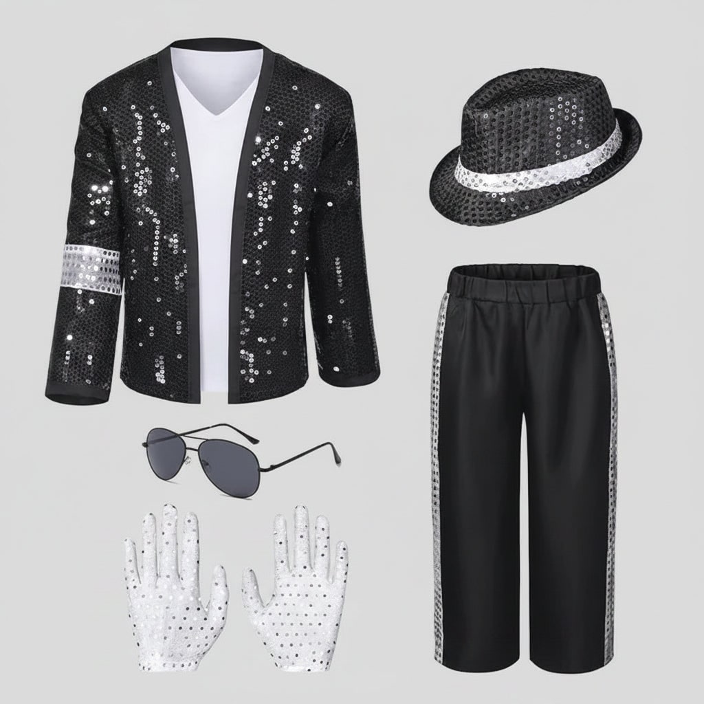 Halloween Pop Star Costume Set with Sequined Jacket Fedora Gloves Wig and Accessories for Party - Image 2