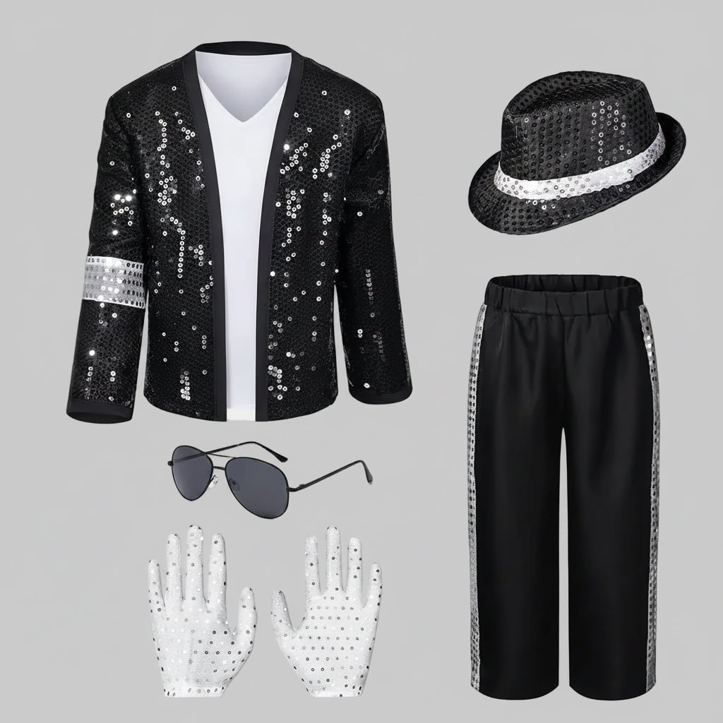 Halloween Pop Star Costume Set with Sequined Jacket Fedora Gloves Wig and Accessories for Party - Image 4