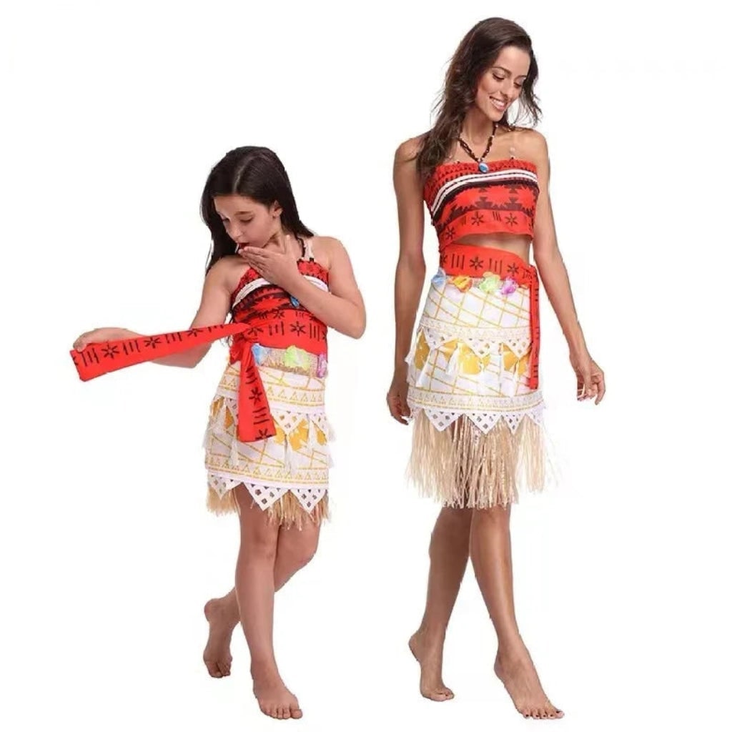 Halloween Princess Costume with Polynesian Geometric Pattern Tube Top and Grass Skirt - Image 3