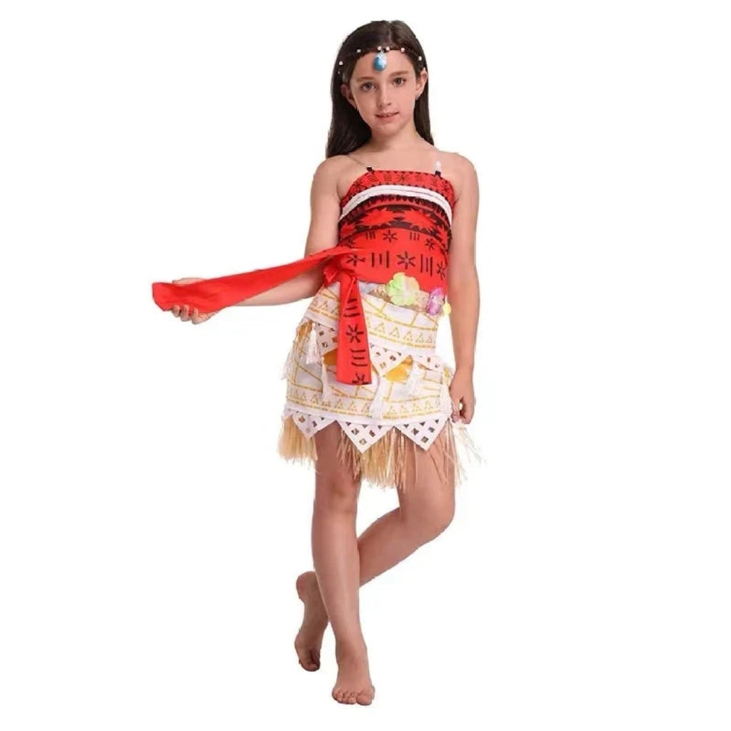 Halloween Princess Costume with Polynesian Geometric Pattern Tube Top and Grass Skirt - Image 4