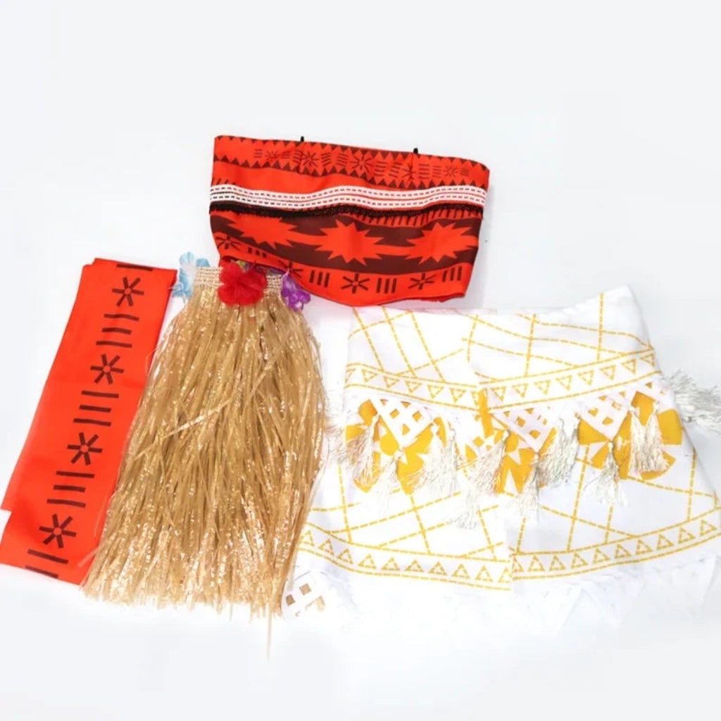 Halloween Princess Costume with Polynesian Geometric Pattern Tube Top and Grass Skirt - Image 5