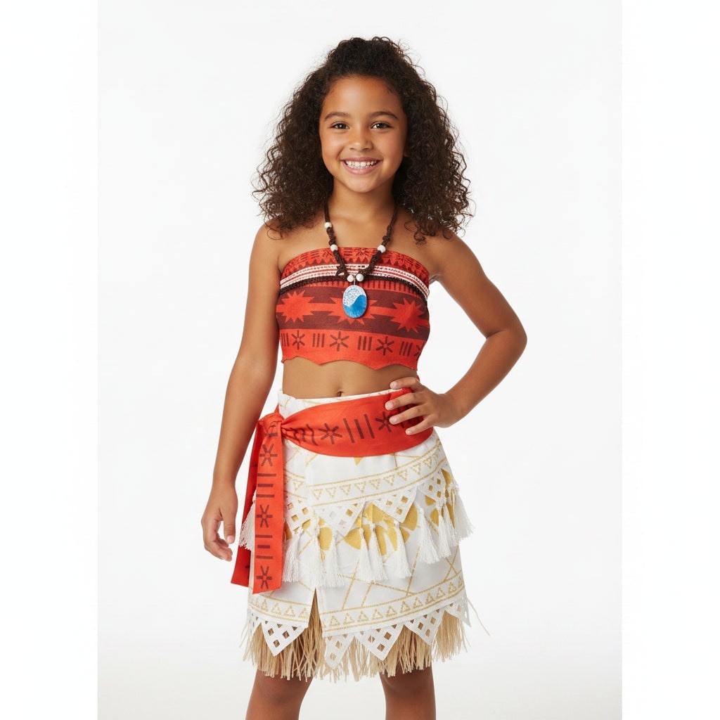 Halloween Princess Costume with Polynesian Geometric Pattern Tube Top and Grass Skirt - Image 6