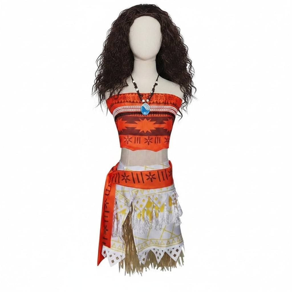 Halloween Princess Costume with Polynesian Geometric Pattern Tube Top and Grass Skirt - Image 7