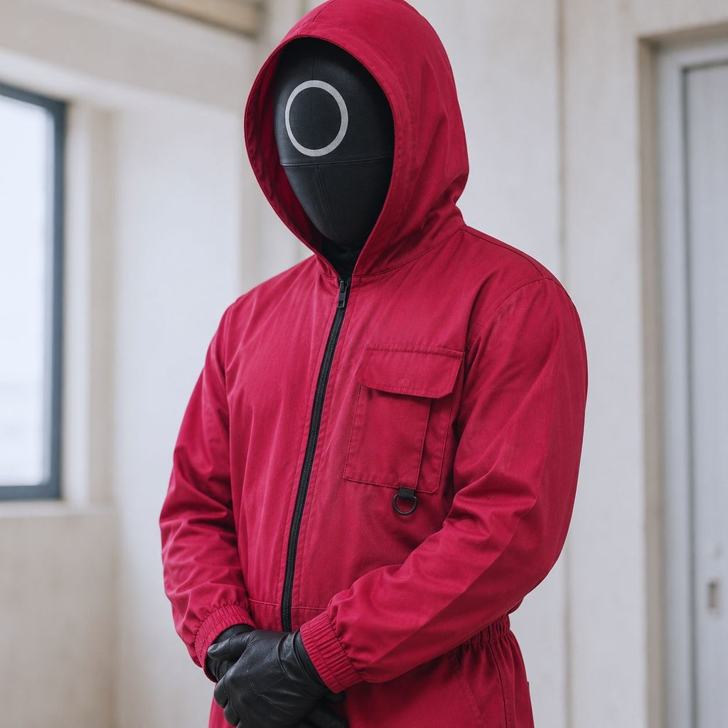 Halloween Red Hooded Jumpsuit Costume with Black Mask and Belt for Party and Cosplay - Image 1