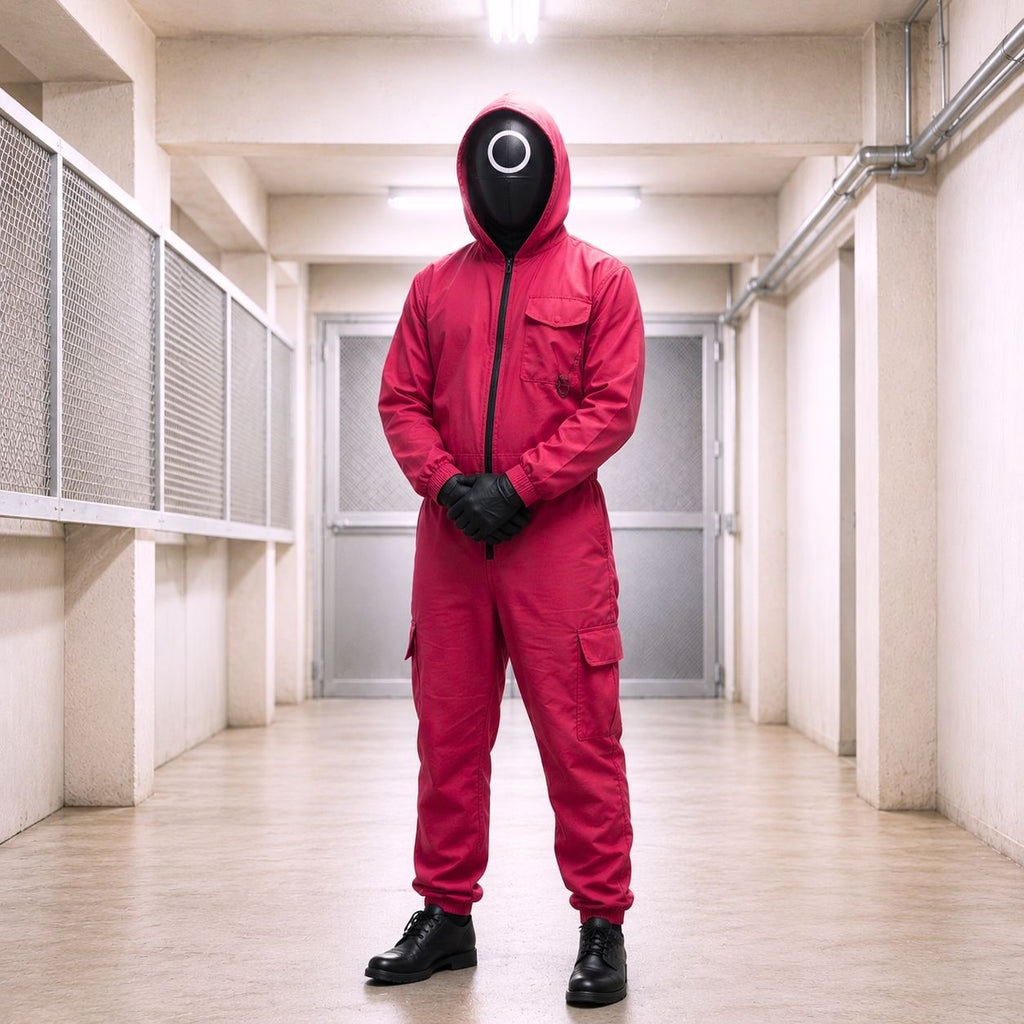 Halloween Red Hooded Jumpsuit Costume with Black Mask and Belt for Party and Cosplay - Image 4