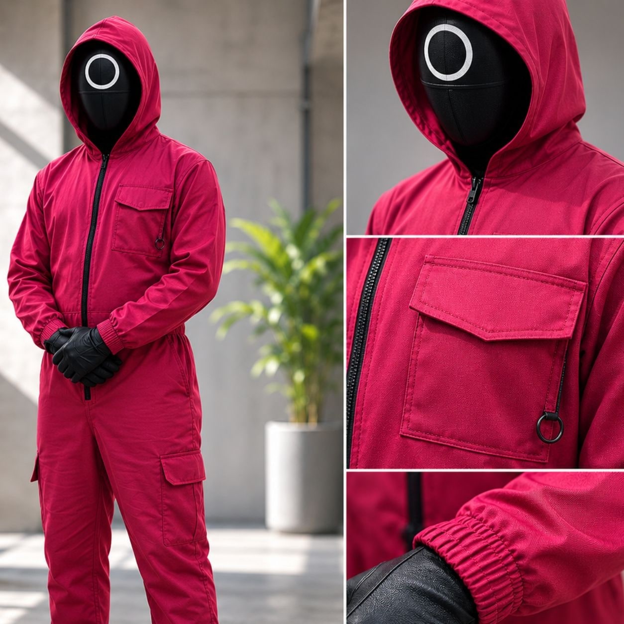Halloween Red Hooded Jumpsuit Costume with Black Mask and Belt for Party and Cosplay - Image 5
