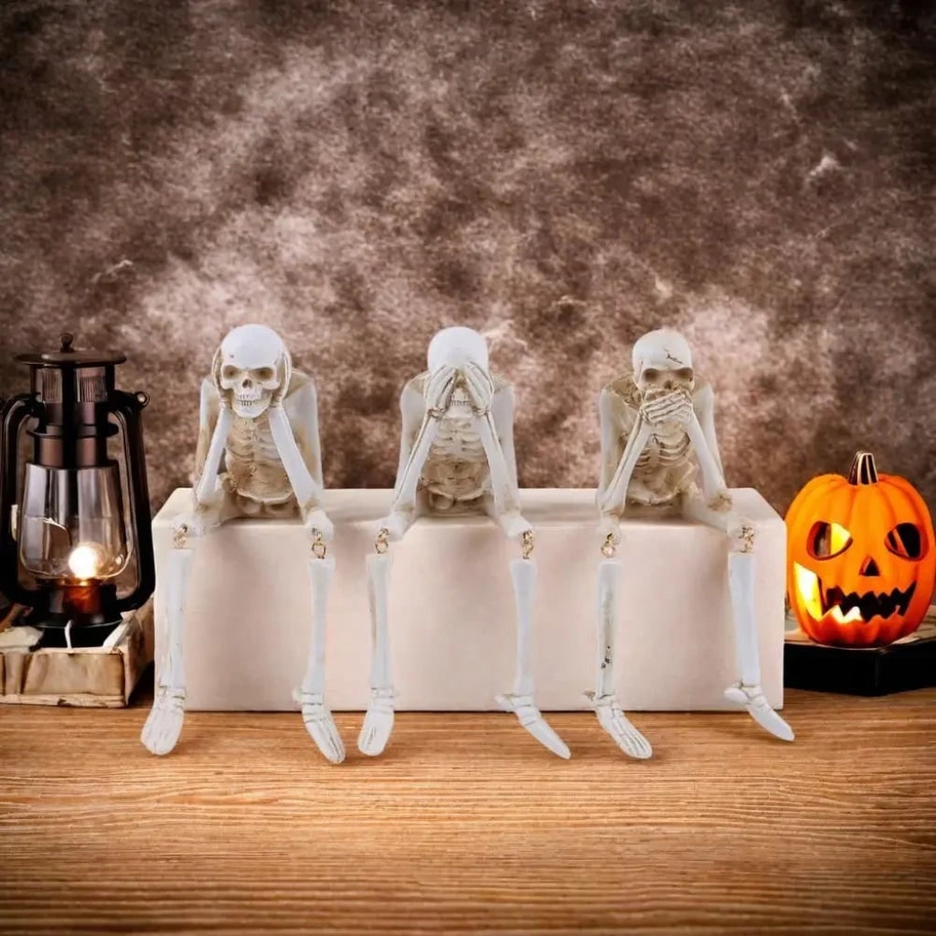 Halloween Skeleton Decorations Shelf Sitters Figurines with Dangling Legs and Distressed Bone Finish - Image 3