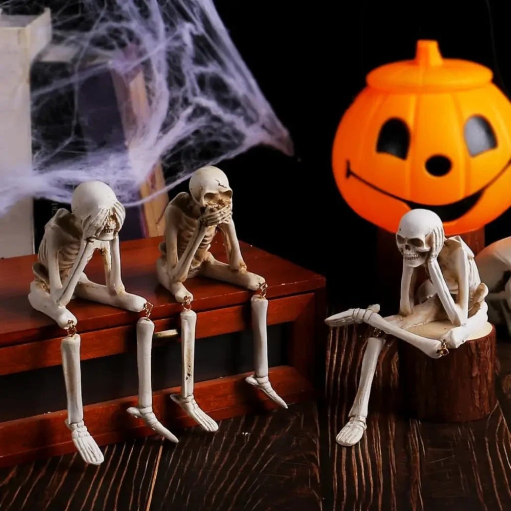 Halloween Skeleton Decorations Shelf Sitters Figurines with Dangling Legs and Distressed Bone Finish - Image 4