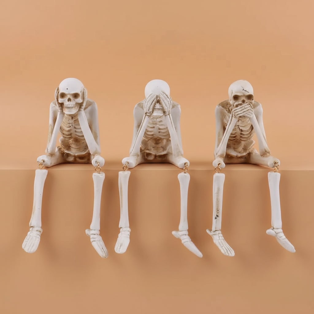 Halloween Skeleton Shelf Sitters with Dangling Legs and See Hear Speak No Evil Poses - Image 4