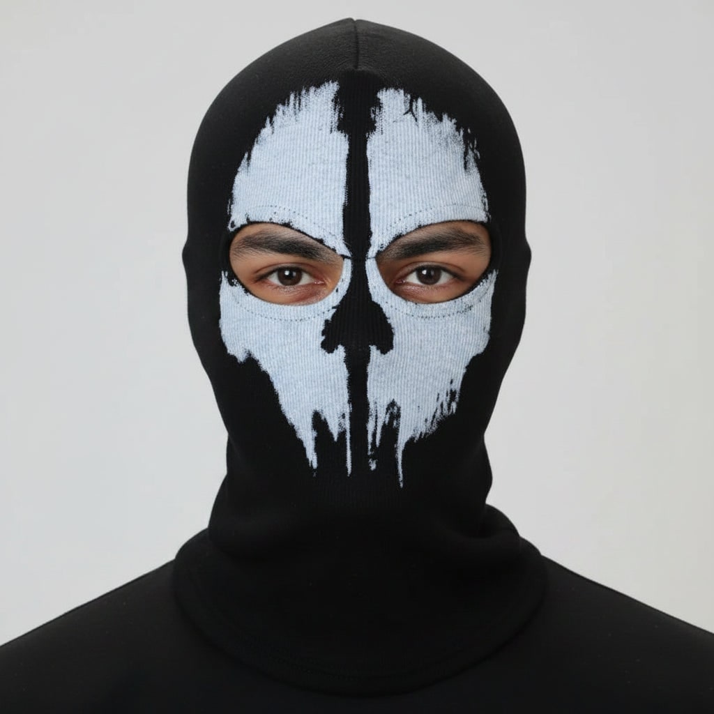 Halloween Skull Balaclava Mask Ski Black Full Face Coverage with Distressed Print Design - Image 1