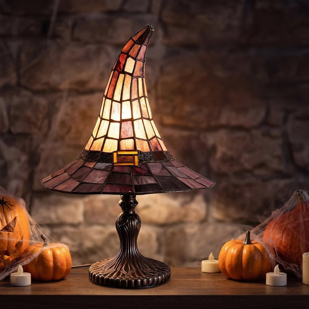 Halloween Stained Glass Witch Hat Table Lamp with Metal Base for Bedroom Decoration Bed Side - Image 2