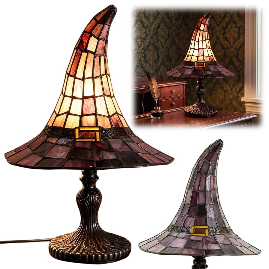 Halloween Stained Glass Witch Hat Table Lamp with Metal Base for Bedroom Decoration Bed Side - Image 3