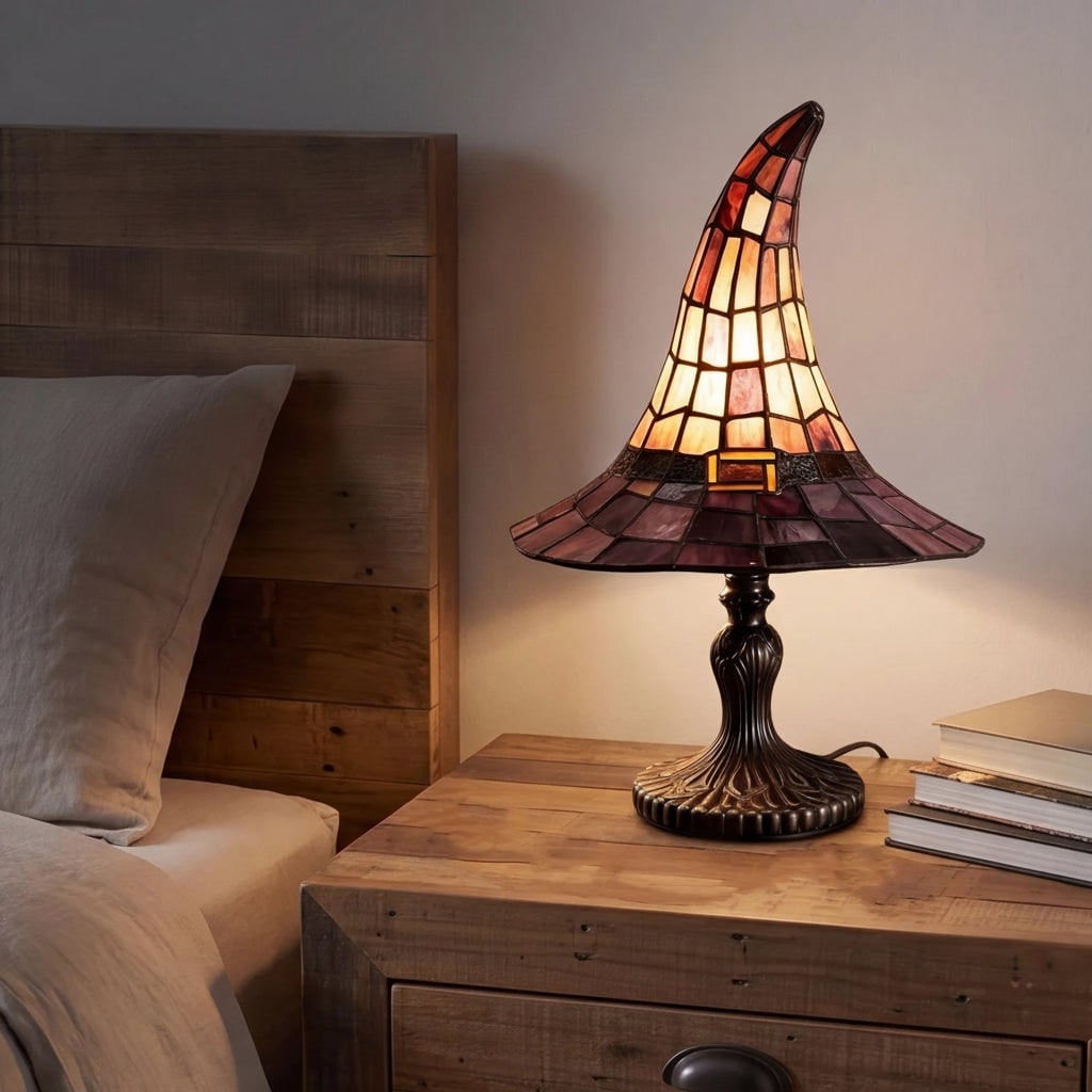 Halloween Stained Glass Witch Hat Table Lamp with Metal Base for Bedroom Decoration Bed Side - Image 4