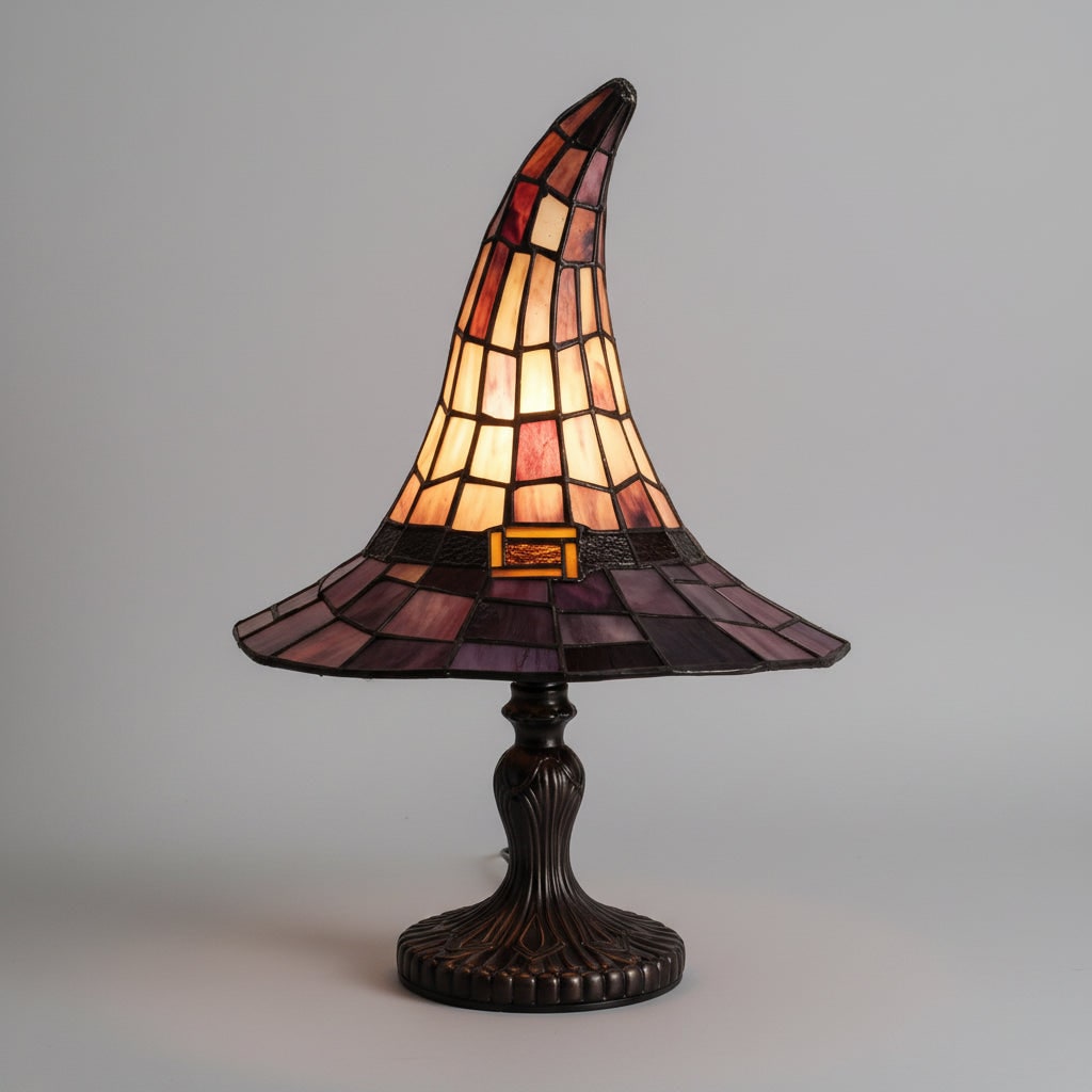 Halloween Stained Glass Witch Hat Table Lamp with Mid Century Modern Bedside Design - Image 1